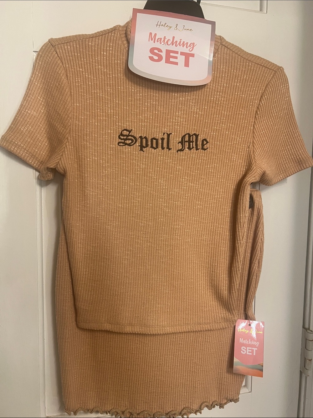 Ribbed 'Spoil Me' Short Sleeve Kids Tee in Tan